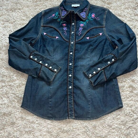 Awesome Vintage Lawman Western Shirt Women's Large Denim Embroidered Snap Button - Picture 1 of 13